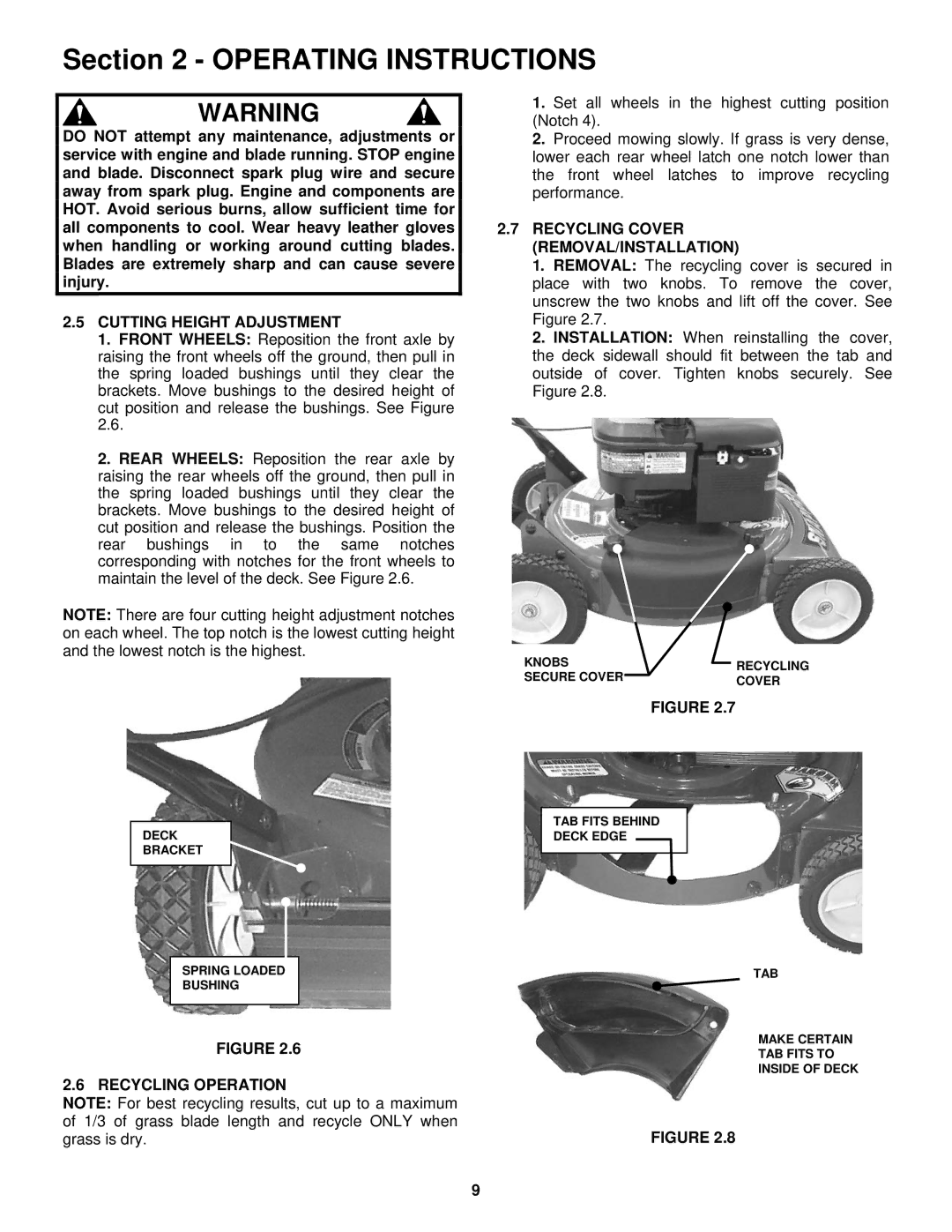 Snapper R196019B Cutting Height Adjustment, Recycling Cover REMOVAL/INSTALLATION, Recycling Operation 