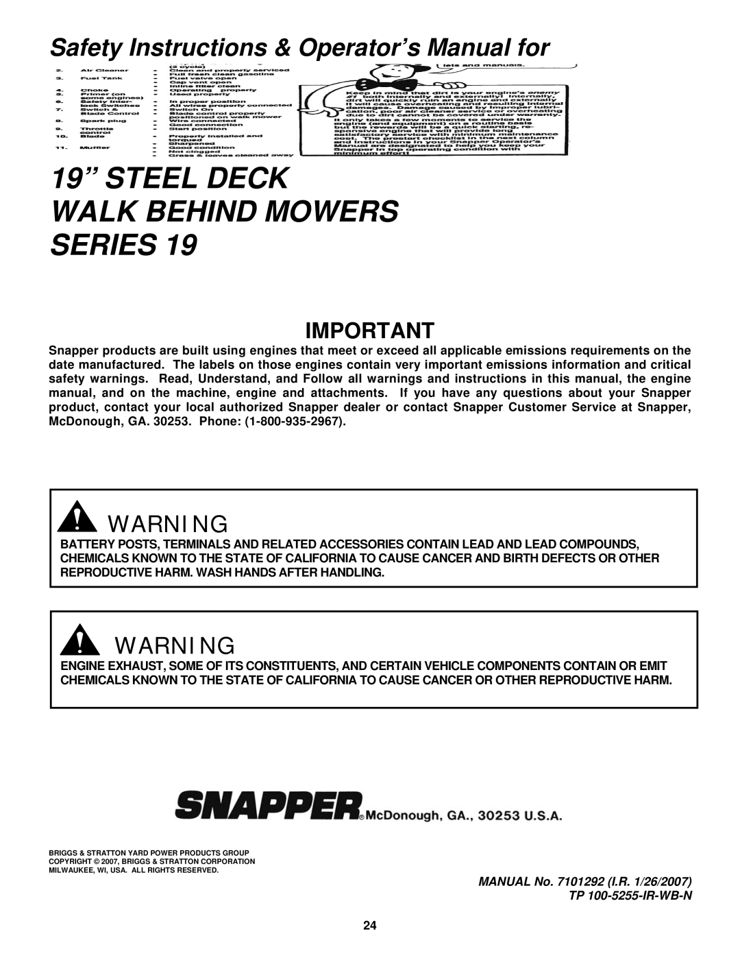 Snapper R1962519B important safety instructions Steel Deck Walk Behind Mowers Series 