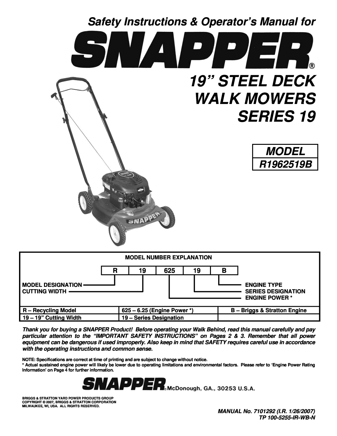 Snapper R1962519B important safety instructions Safety Instructions & Operator’s Manual for, Model 