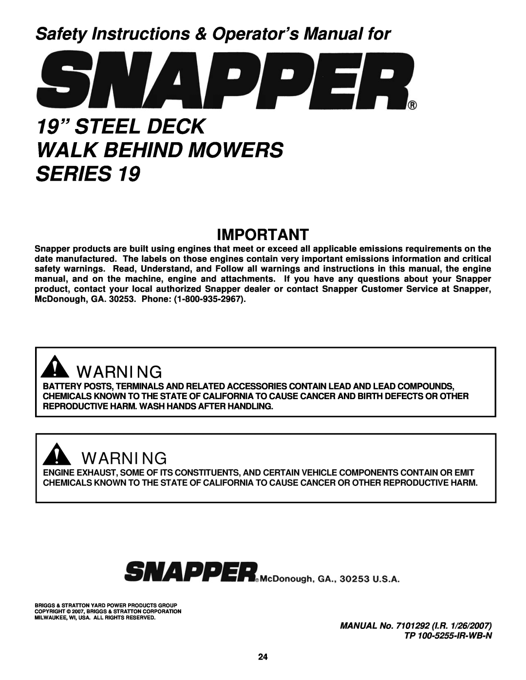 Snapper R1962519B 19” STEEL DECK WALK BEHIND MOWERS SERIES, Safety Instructions & Operator’s Manual for 