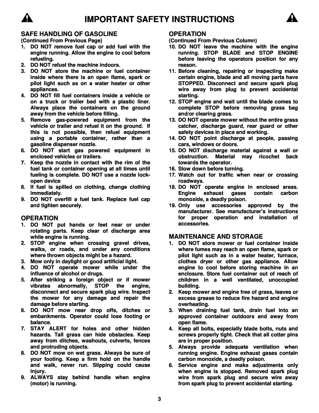 Snapper R1962519B important safety instructions Important Safety Instructions, Continued From Previous Page 