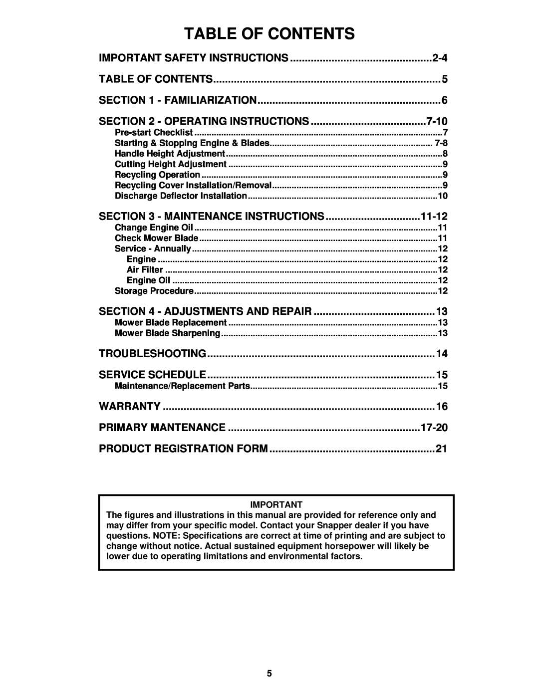 Snapper R1962519B important safety instructions Table Of Contents 