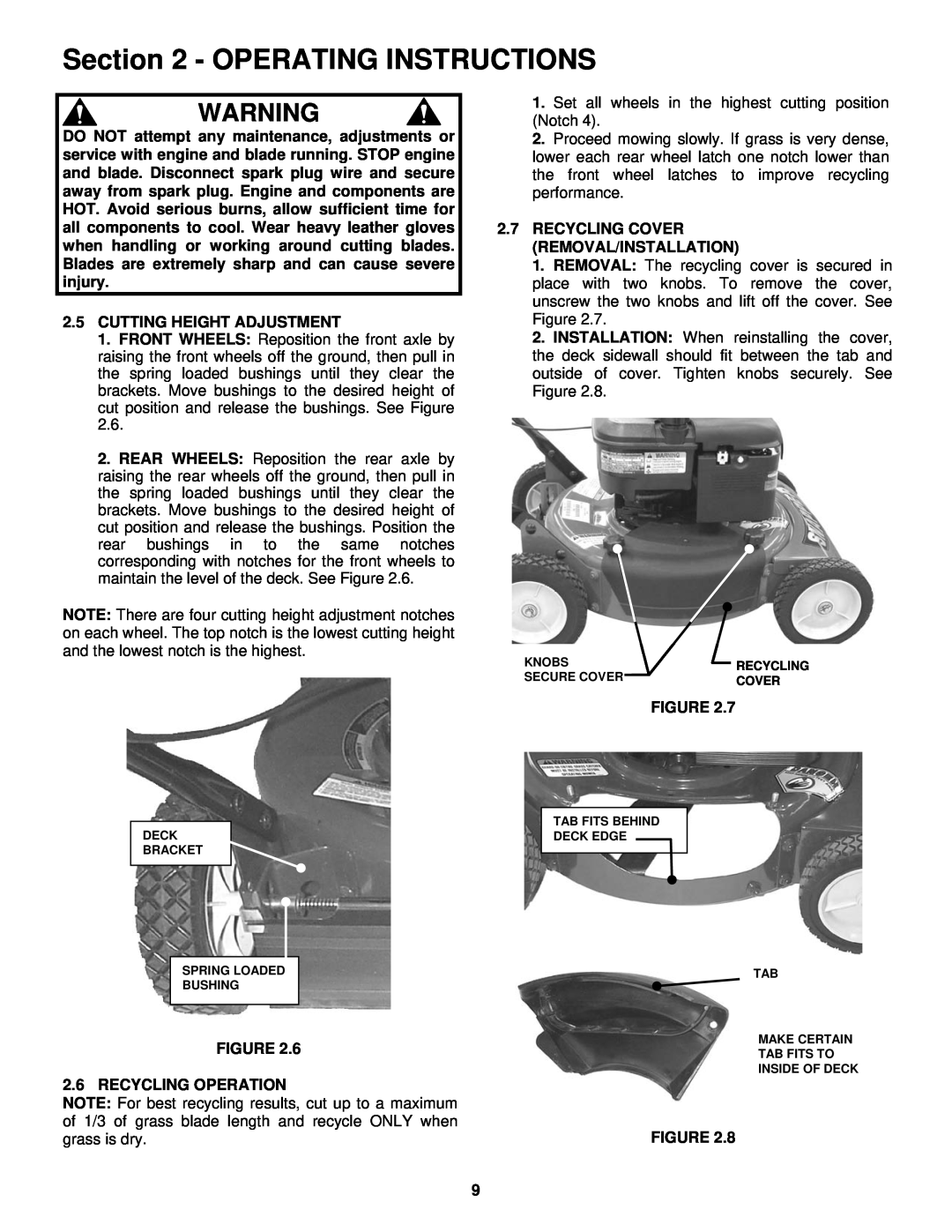 Snapper R1962519B Operating Instructions, Cutting Height Adjustment, Recycling Cover Removal/Installation 