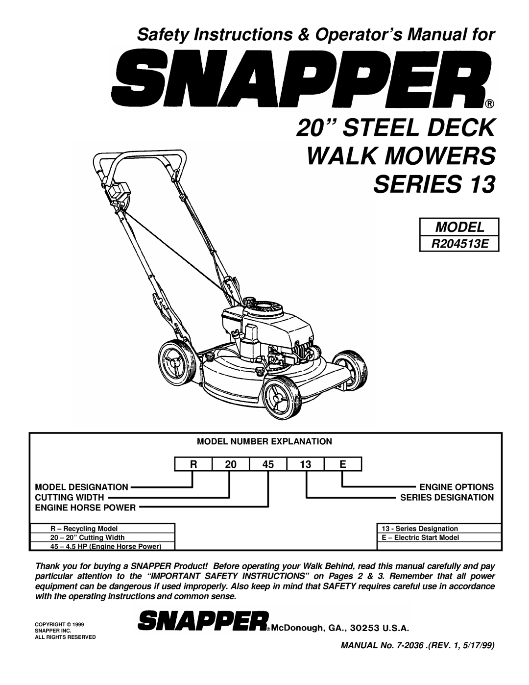 Snapper R204513E important safety instructions Steel Deck Walk Mowers Series 