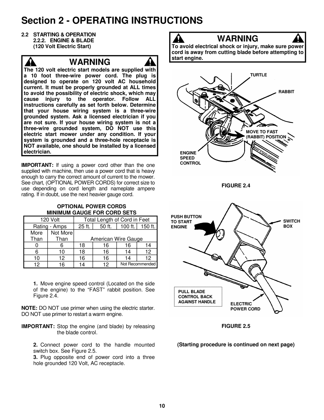 Snapper R204513E important safety instructions Optional Power Cords Minimum Gauge for Cord Sets 