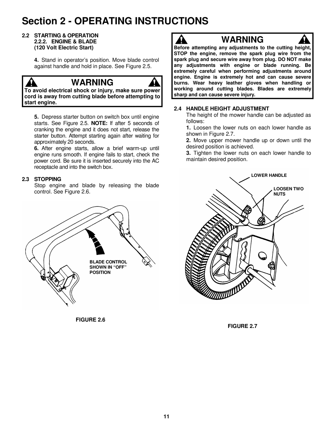 Snapper R204513E important safety instructions Stopping, Handle Height Adjustment 