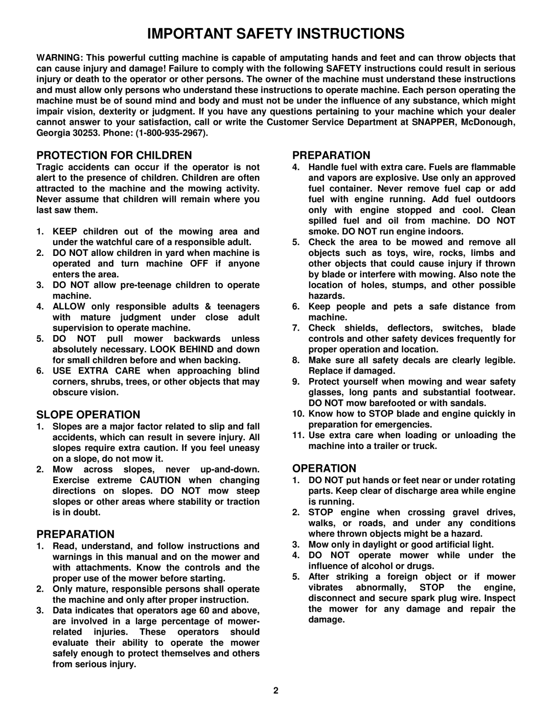 Snapper R204513E important safety instructions Protection for Children, Slope Operation, Preparation 