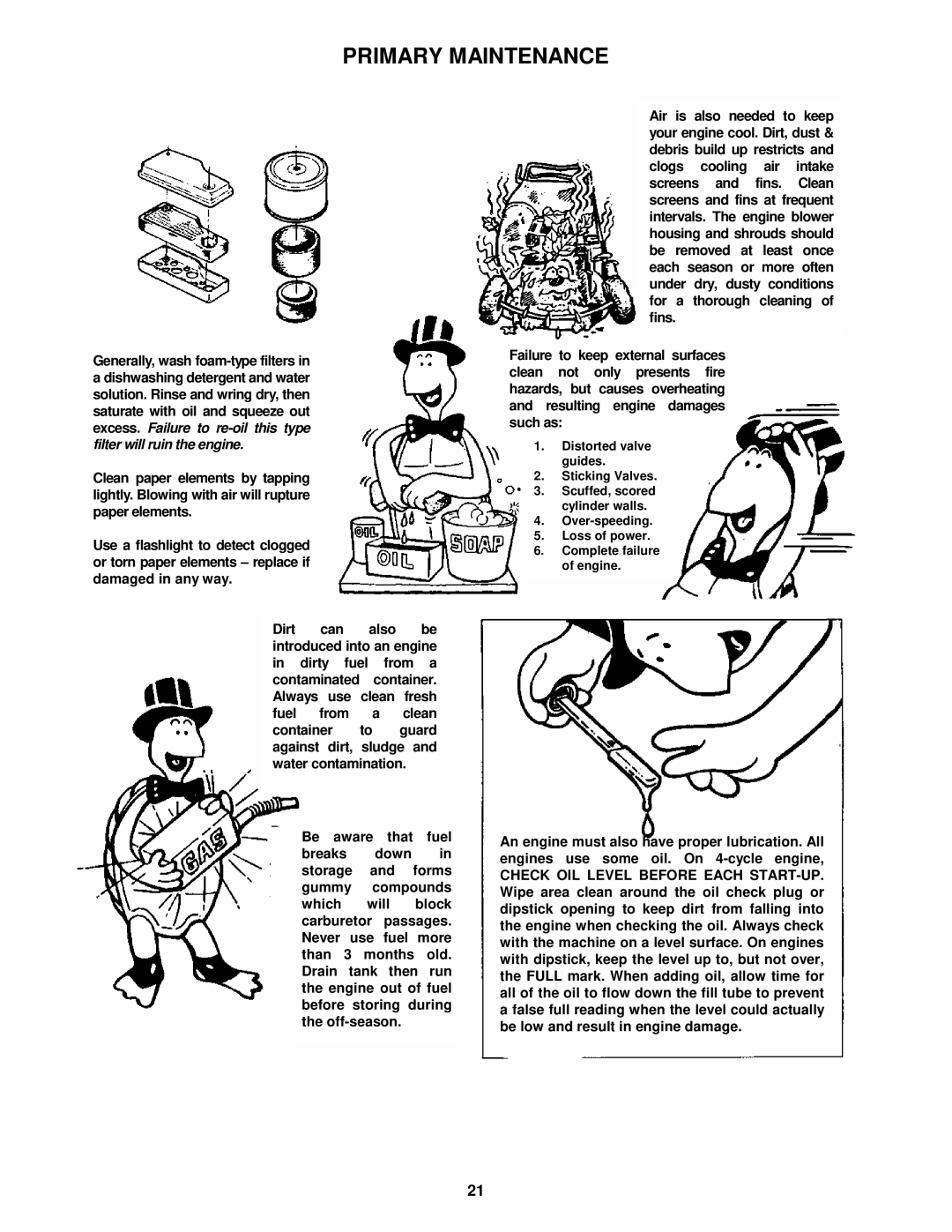 Snapper R204513E important safety instructions Distorted valve guides Sticking Valves 