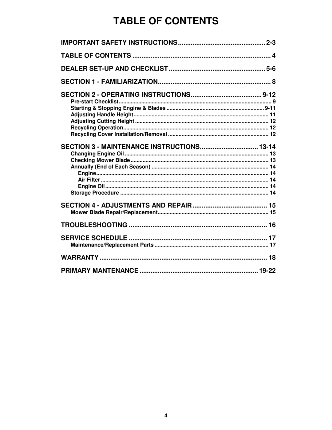 Snapper R204513E important safety instructions Table of Contents 