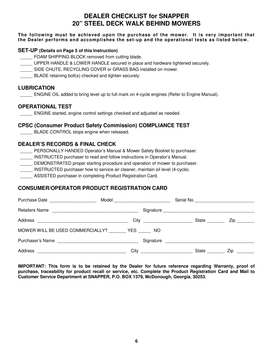 Snapper R204513E important safety instructions Lubrication, Operational Test, DEALER’S Records & Final Check 