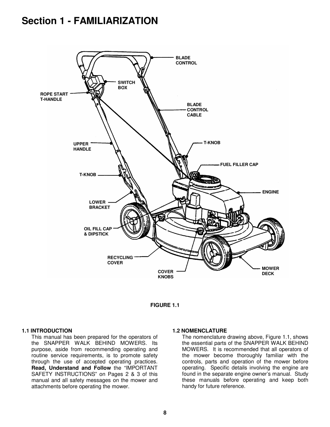 Snapper R204513E important safety instructions Introduction, Nomenclature 