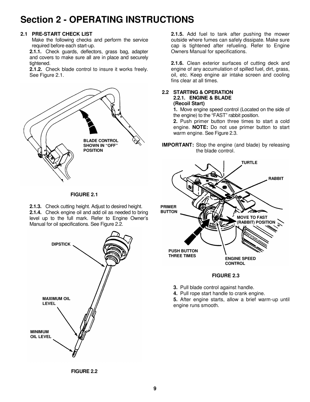 Snapper R204513E important safety instructions PRE-START Check List, Starting & Operation 2.2.1. Engine & Blade 