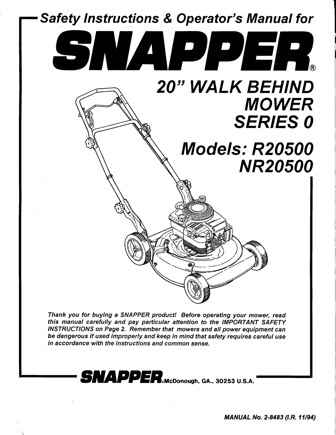 Snapper RP20500, R20500 manual Parts Manual for, STEEL DECK 5 HP PUSH & PROPELLED WALK BEHIND MOWERS SERIES, Manual No 