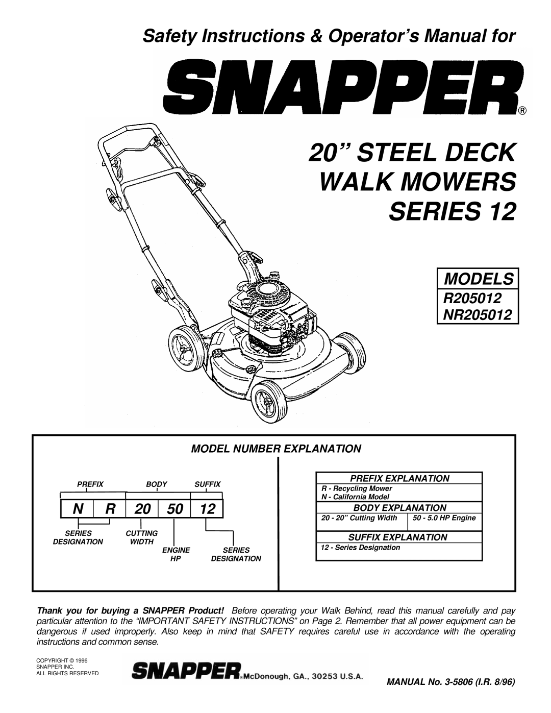 Snapper NR205012, R204513E, R205012, R205012, NR205012 important safety instructions Steel Deck Walk Mowers Series 