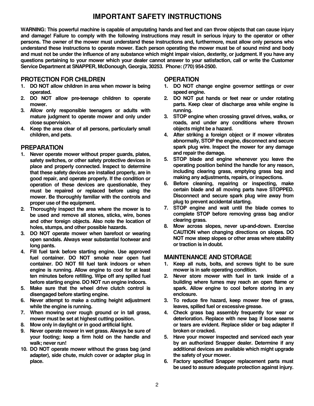 Snapper R205012, NR205012, NR205012, R204513E, R205012 important safety instructions Important Safety Instructions 