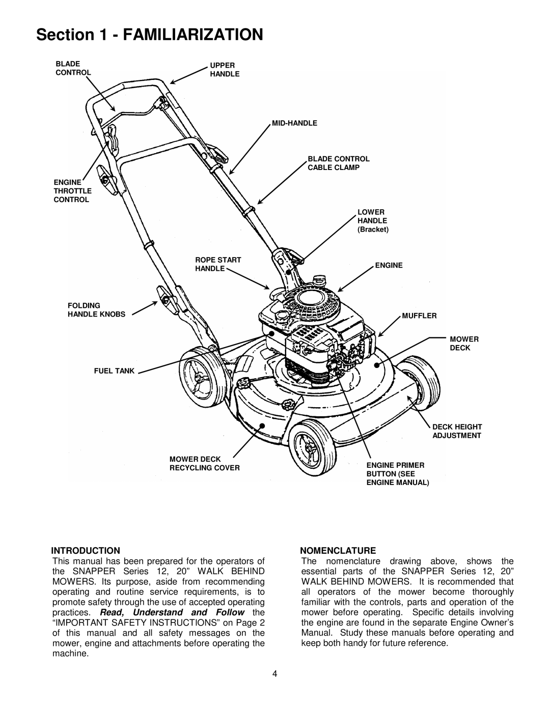 Snapper R205012, NR205012, NR205012, R204513E, R205012 Familiarization, Introduction, Nomenclature 