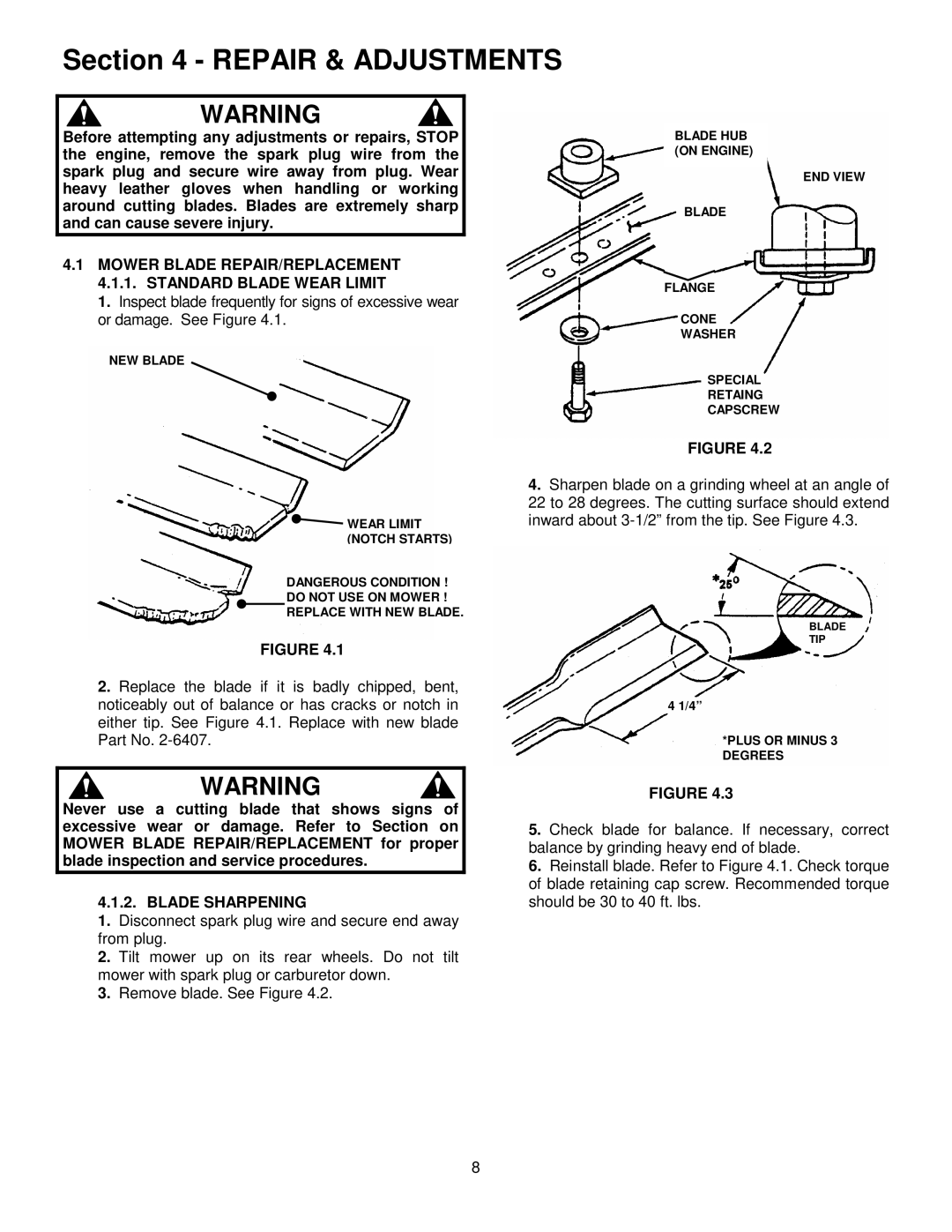 Snapper R205012, NR205012, NR205012, R204513E, R205012 important safety instructions Repair & Adjustments, Blade Sharpening 