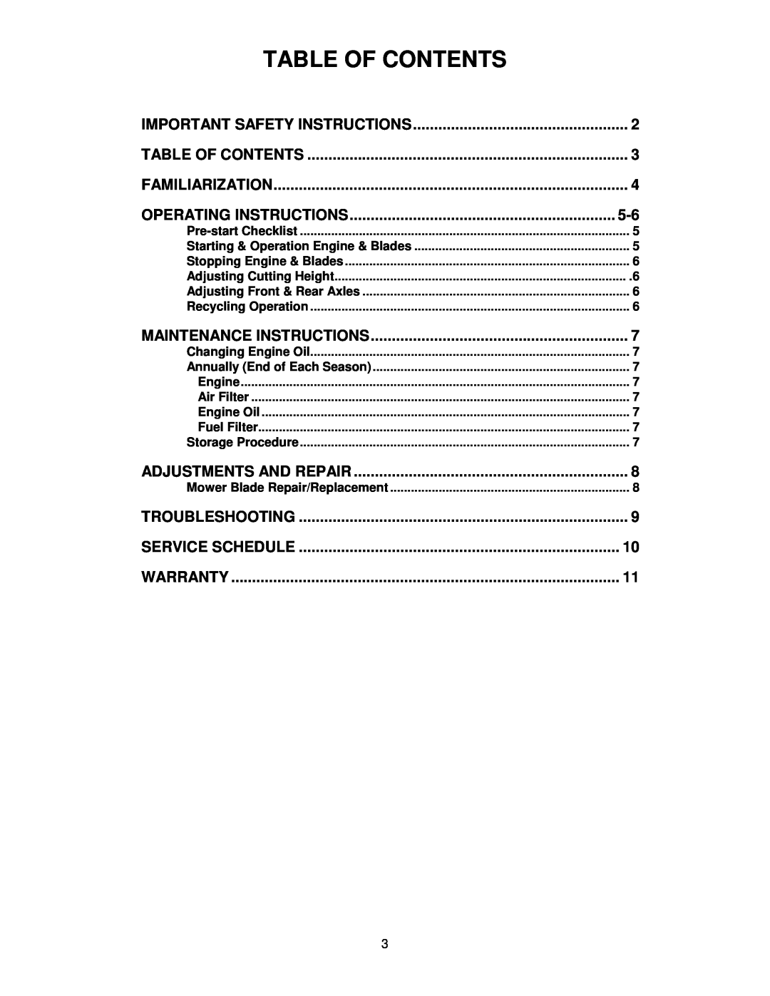 Snapper NR205012, R204513E, R205012, R205012, NR205012 Table Of Contents, Important Safety Instructions 