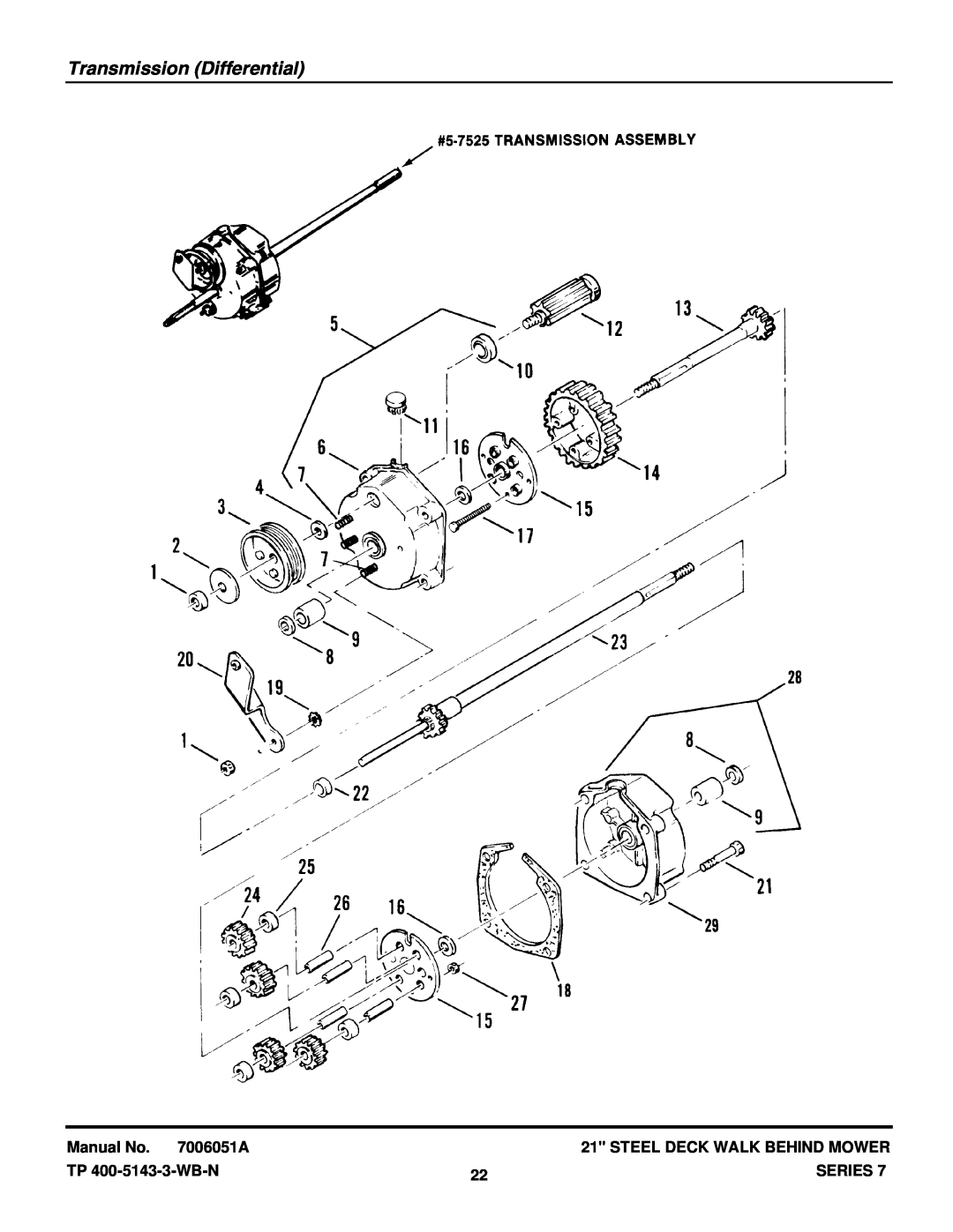 Snapper R21507B Transmission Differential, Manual No. 7006051A, Steel Deck Walk Behind Mower, TP 400-5143-3-WB-N, Series 