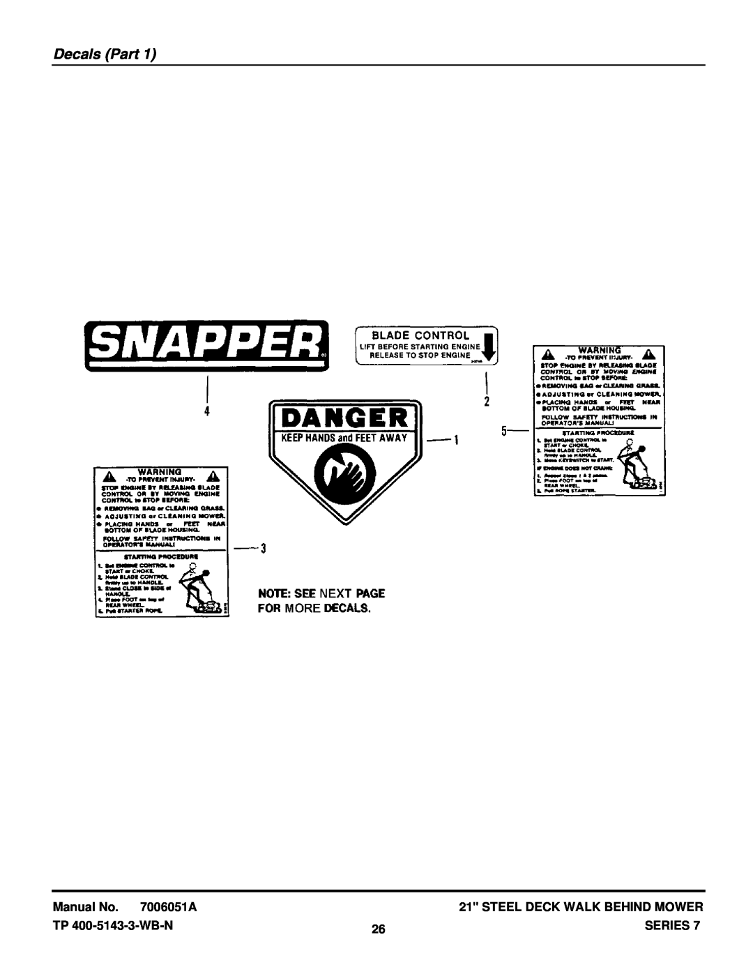 Snapper MP21357B, R21507B manual Decals Part, Manual No. 7006051A, Steel Deck Walk Behind Mower, TP 400-5143-3-WB-N, Series 