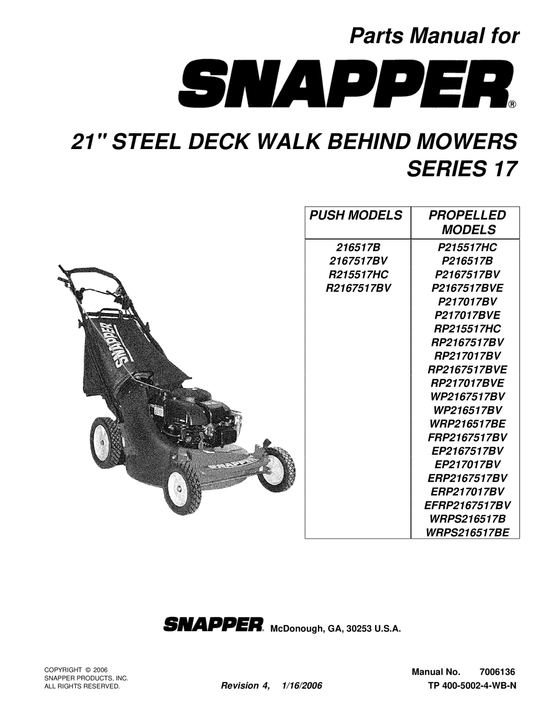 Snapper R2167517BV, 216517BV, ERP216, EP217017BV, RP215517BV, RP2167517BV manual Steel Deck Walk Behind Mowers Series 