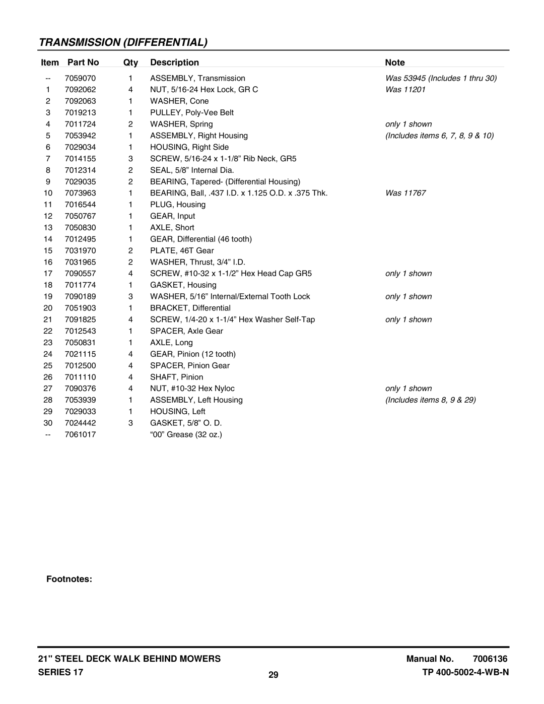 Snapper WRP216517BE, R2167517BV Was 53945 Includes 1 thru, Only 1 shown, Includes items 6, 7, 8, 9, Includes items 8, 9 