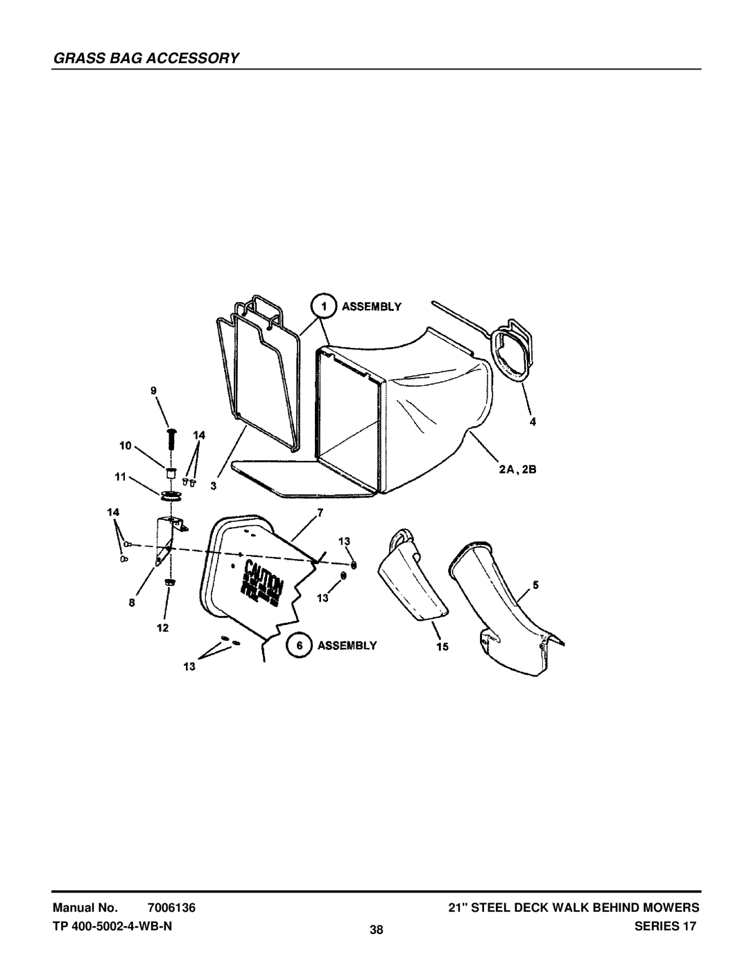 Snapper RP2167517BV, R2167517BV, 216517BV, ERP216, EP217017BV, RP215517BV, P217017BVE, P215517HC manual Grass BAG Accessory 