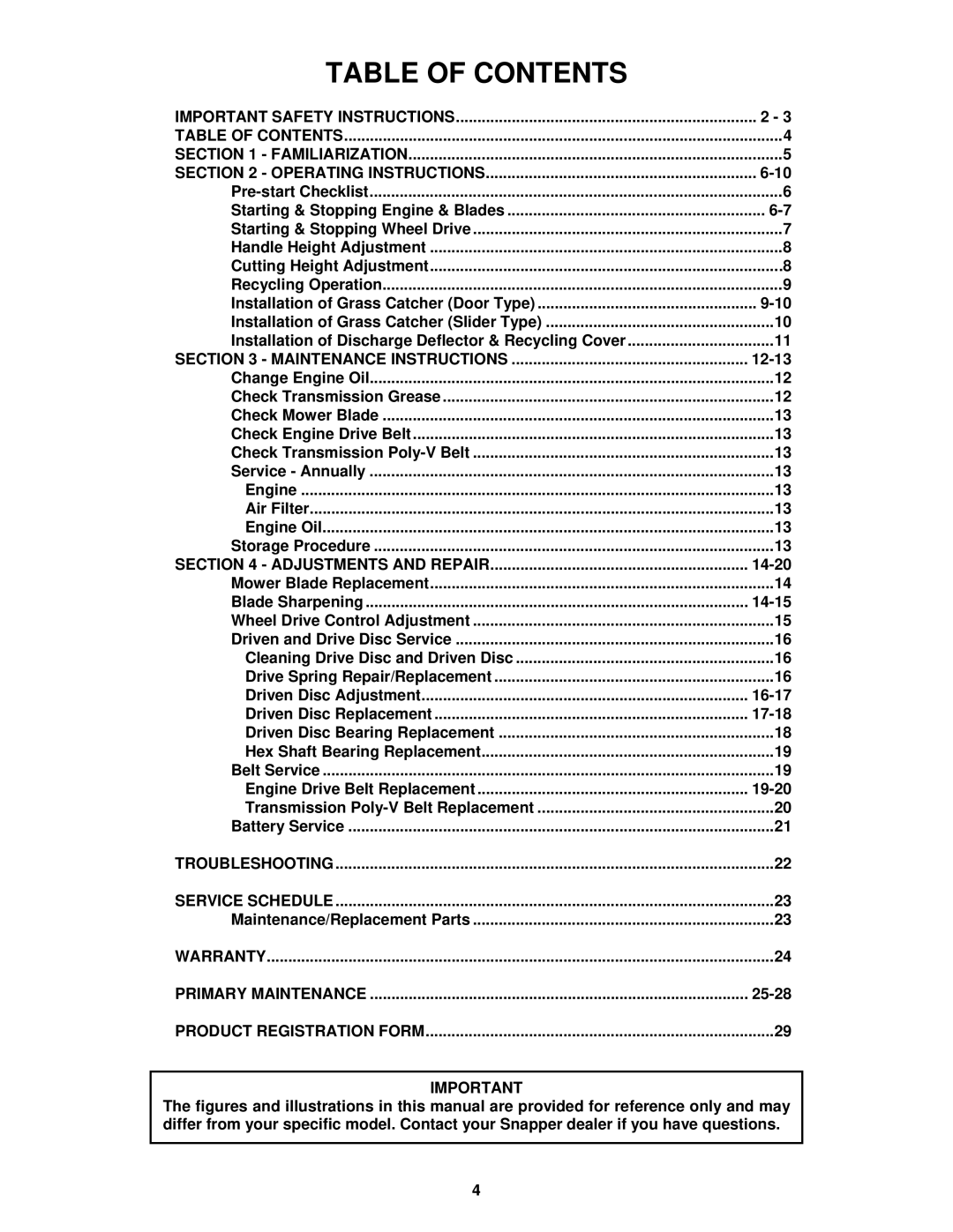 Snapper R2167517BV, RP2167517BV, RP215517BVE, WRP216517BE important safety instructions Table of Contents 