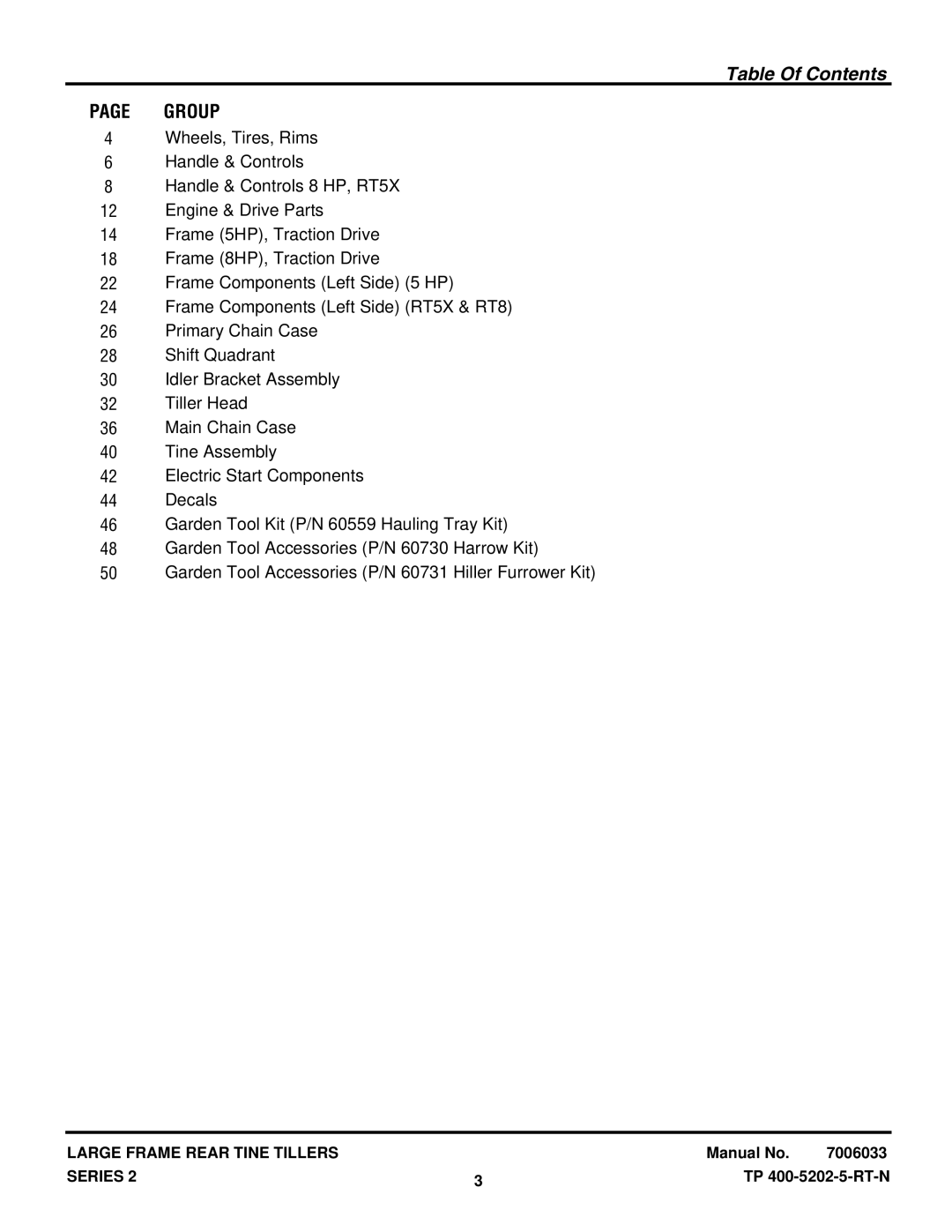 Snapper R5002R, R8002BE, RT5X, R5002B manual Table Of Contents 