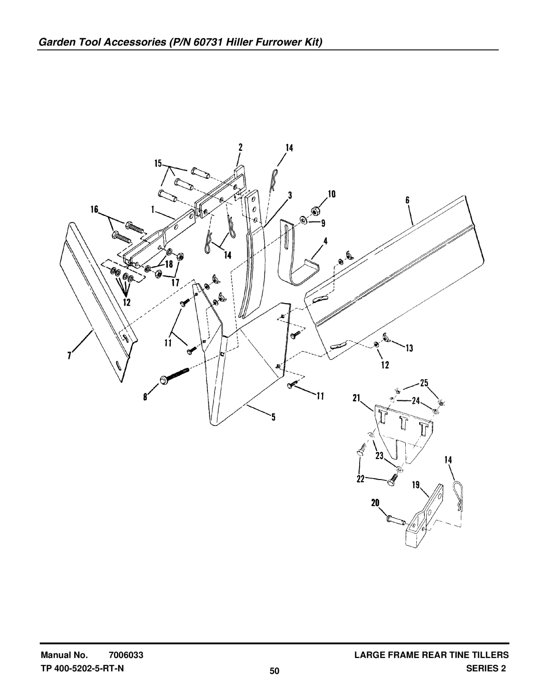 Snapper R8002BE, RT5X, R5002R, R5002B manual Garden Tool Accessories P/N 60731 Hiller Furrower Kit 