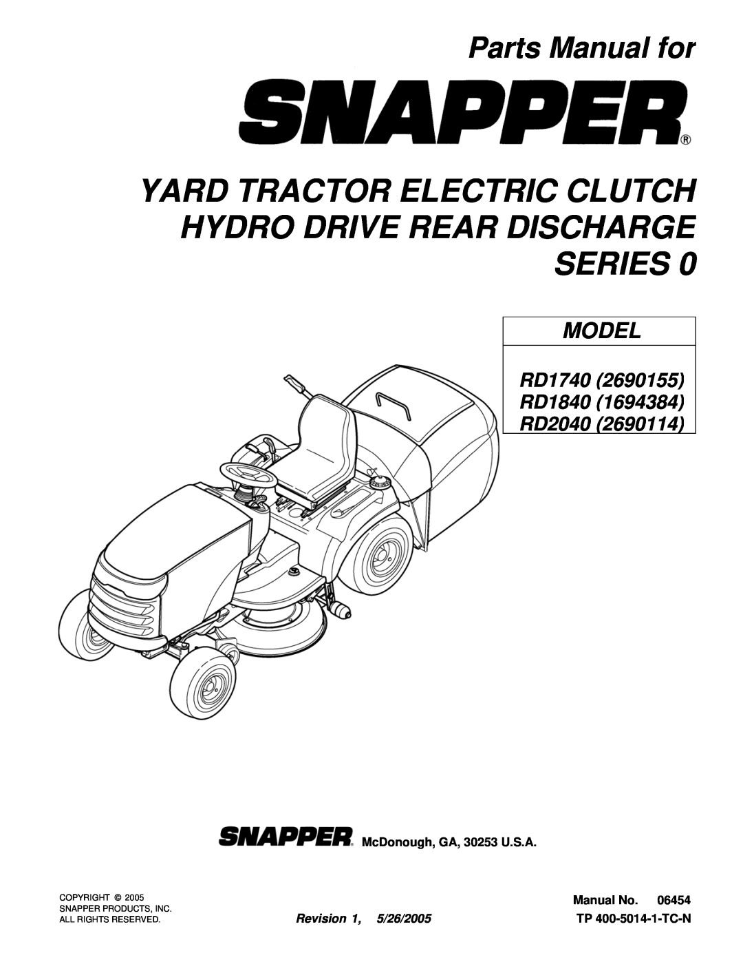 Snapper RD1740, RD1840, RD2040 manual Yard Tractor Electric Clutch Hydro Drive Rear Discharge Series, Parts Manual for 