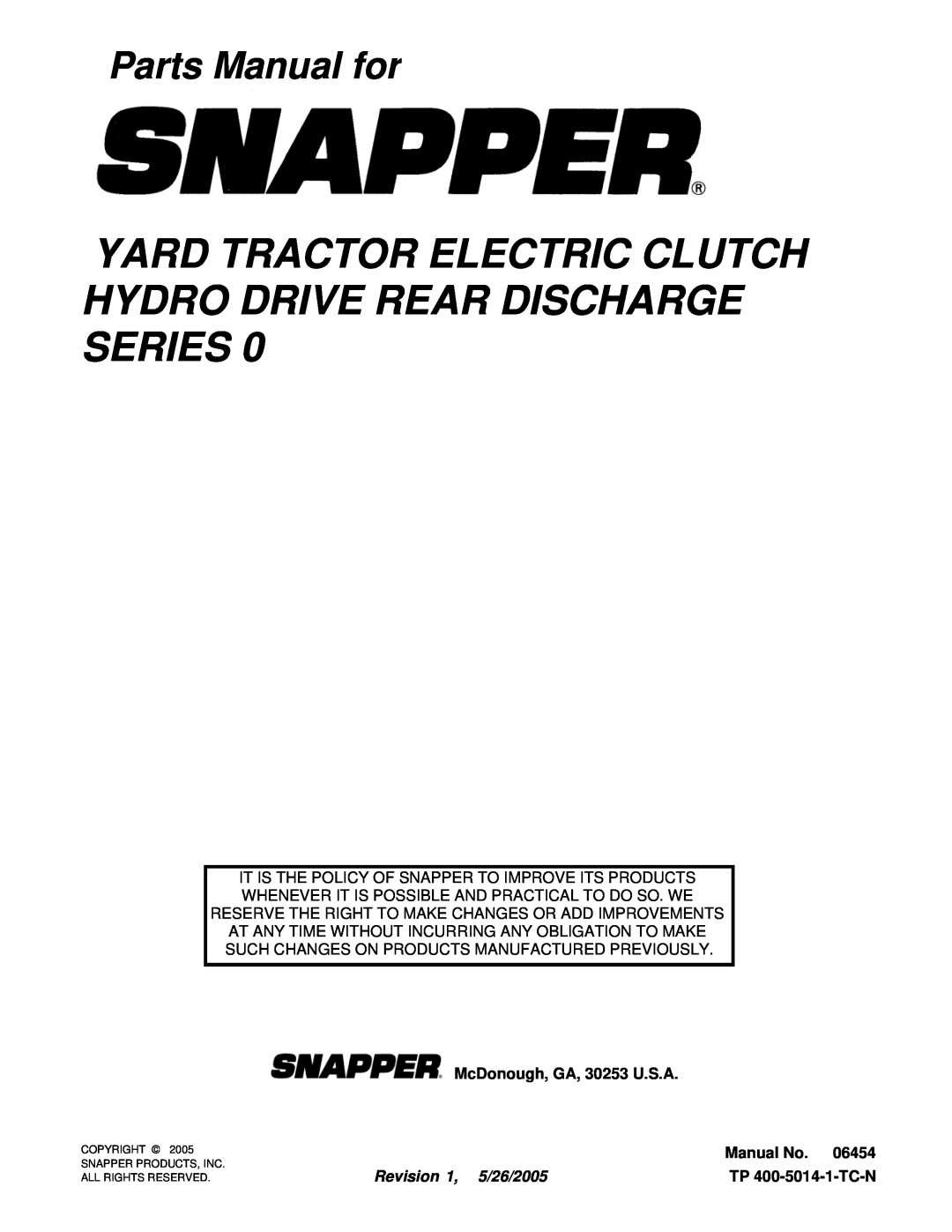 Snapper RD1740, RD1840, RD2040 Yard Tractor Electric Clutch Hydro Drive Rear Discharge Series, Parts Manual for, Manual No 