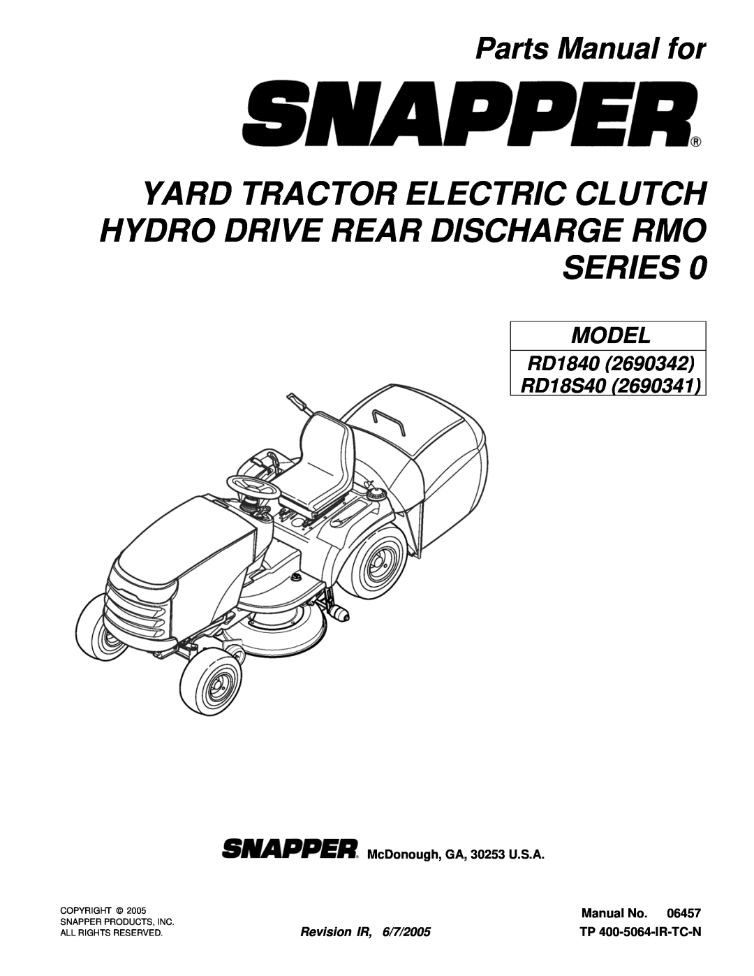 Snapper RD18S40 (2690341), RD1840 (2690342) manual Yard Tractor Electric Clutch Hydro Drive Rear Discharge Rmo Series 