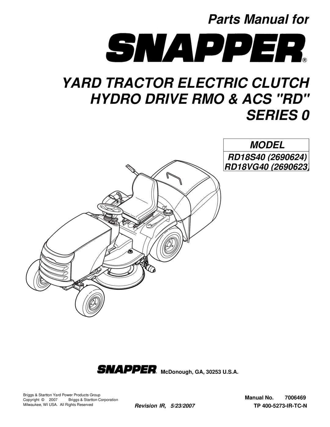 Snapper RD18S40 (2690624), RD18VG40 (2690623) manual Yard Tractor Electric Clutch Hydro Drive RMO & ACS RD Series 