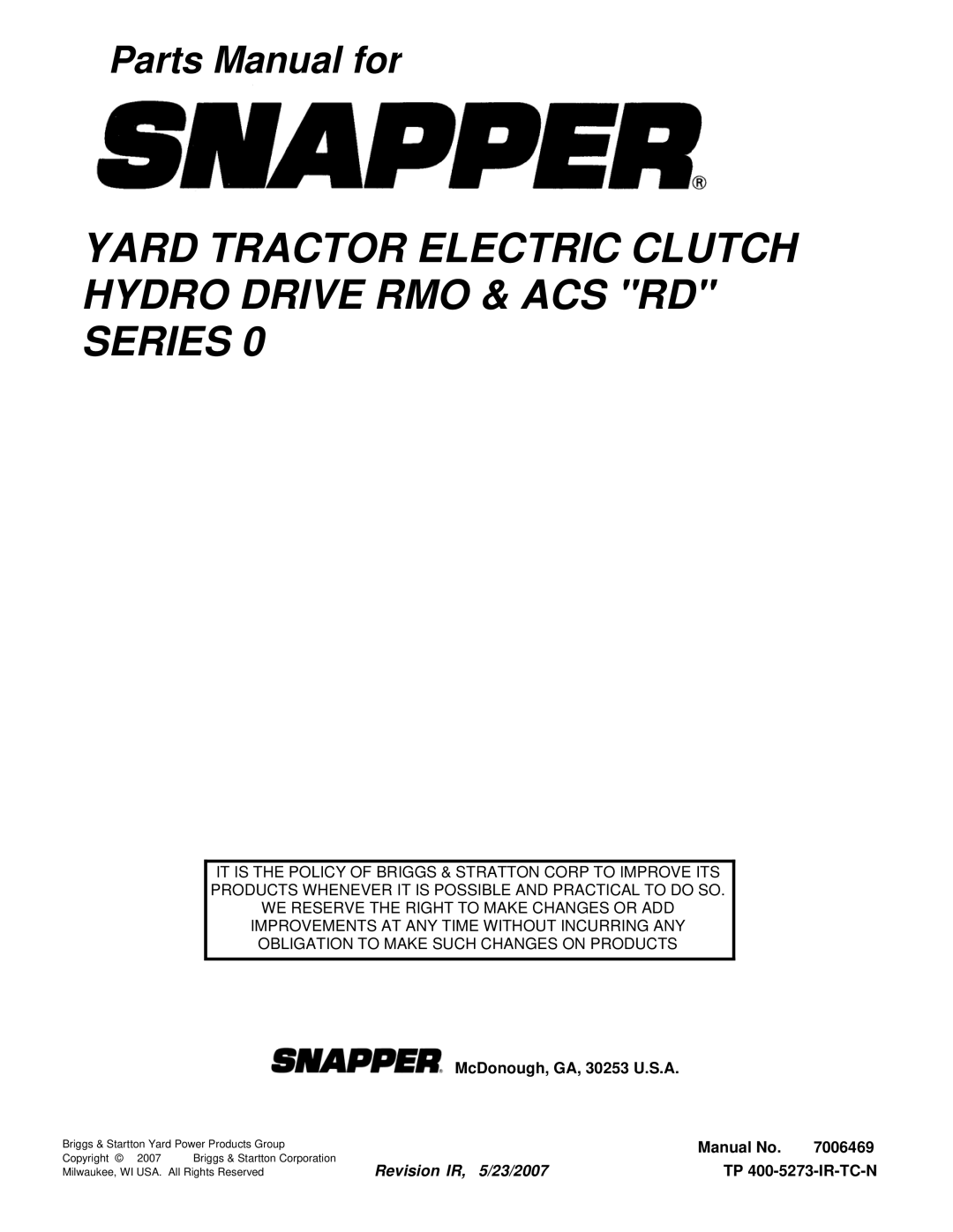 Snapper RD18S40 (2690624), RD18VG40 (2690623) manual Yard Tractor Electric Clutch Hydro Drive RMO & ACS RD Series 