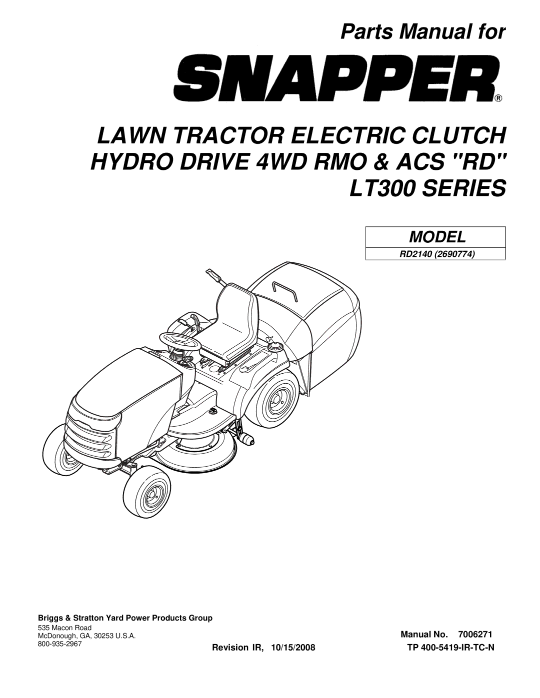 Snapper RD2140 (2690774) manual Parts Manual for 