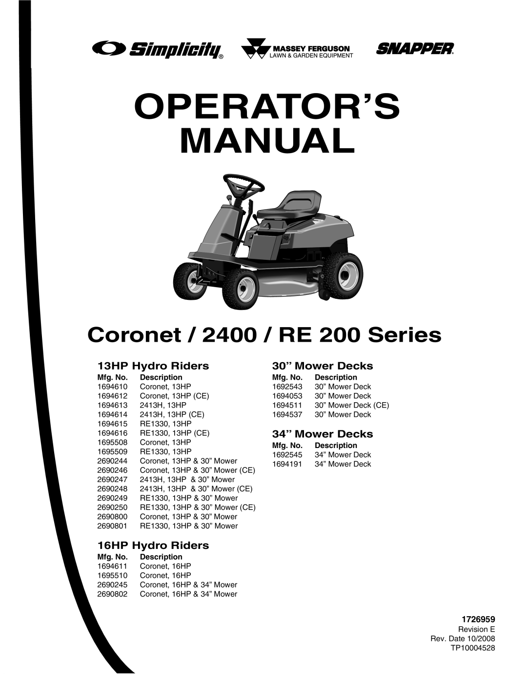 Snapper RE 200 manual 13HP Hydro Riders Mower Decks, 16HP Hydro Riders 