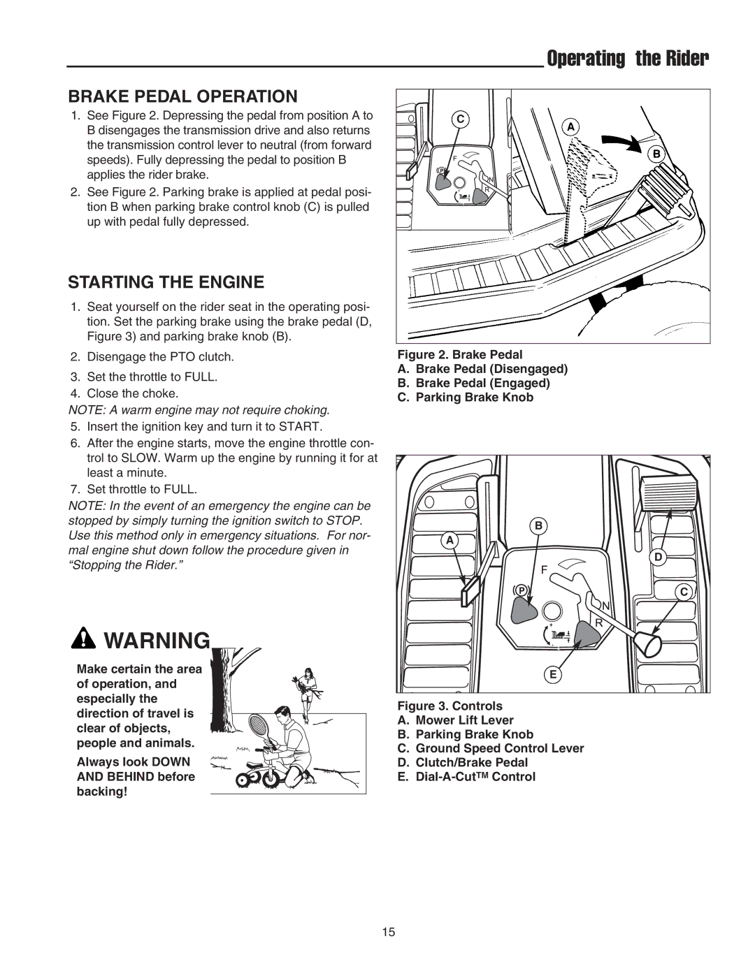 Snapper RE 200 manual Operating the Rider, Brake Pedal Operation, Starting the Engine 