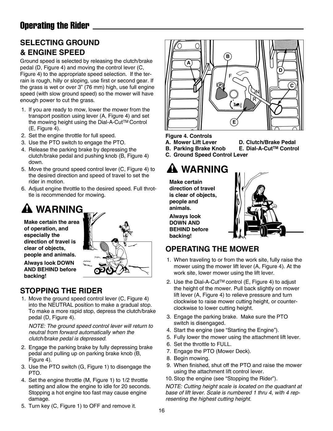 Snapper RE 200 manual Selecting Ground & Engine Speed, Stopping the Rider, Operating the Mower 