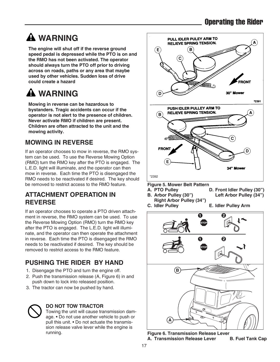 Snapper RE 200 manual Mowing in Reverse, Attachment Operation in Reverse, Pushing the Rider by Hand 