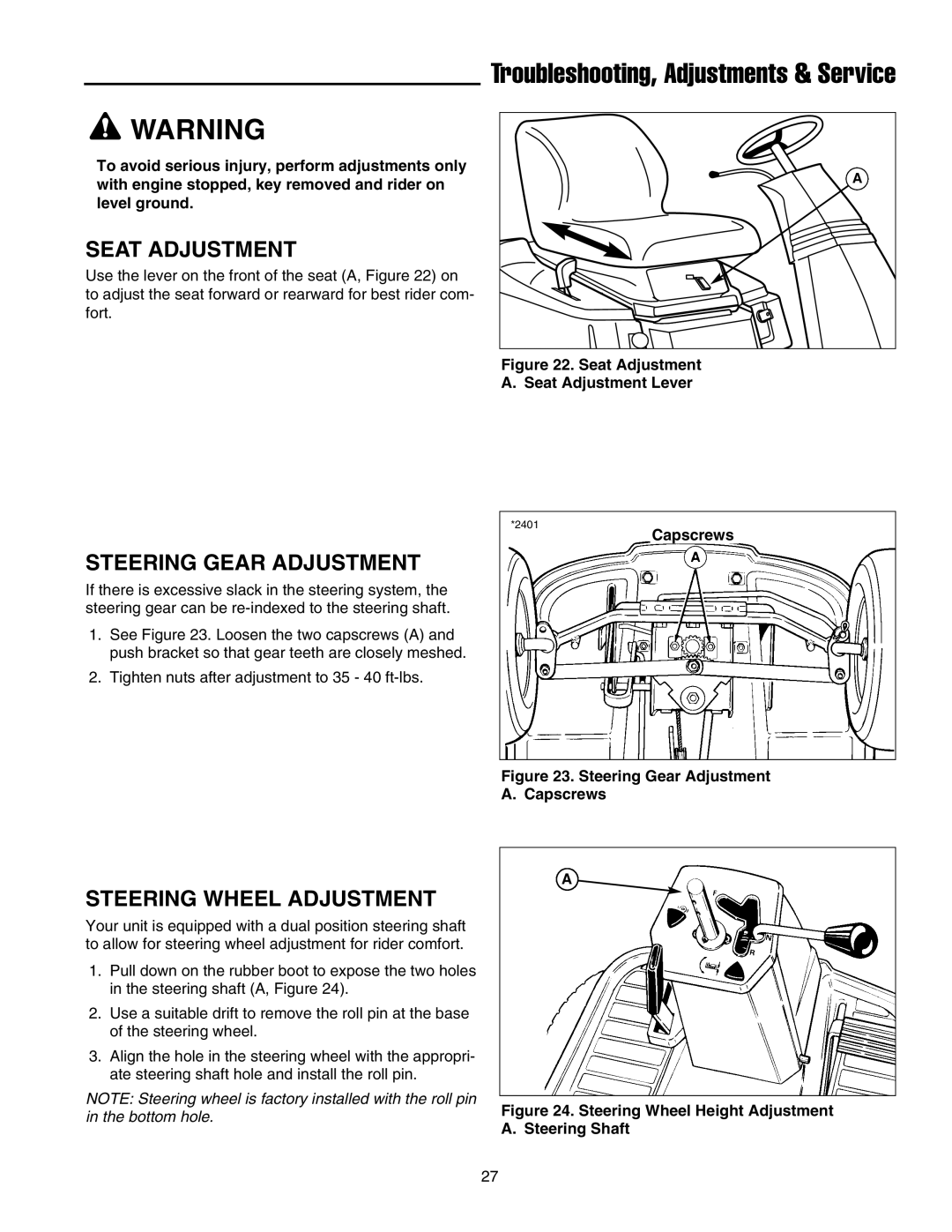 Snapper RE 200 manual Seat Adjustment, Steering Gear Adjustment, Steering Wheel Adjustment 