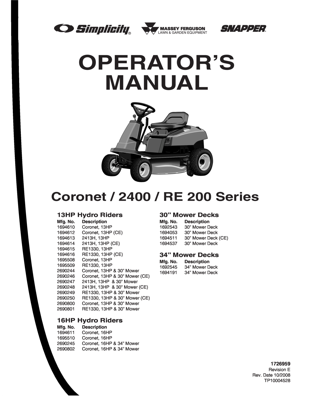 Snapper manual Operator’S Manual, Coronet / 2400 / RE 200 Series 