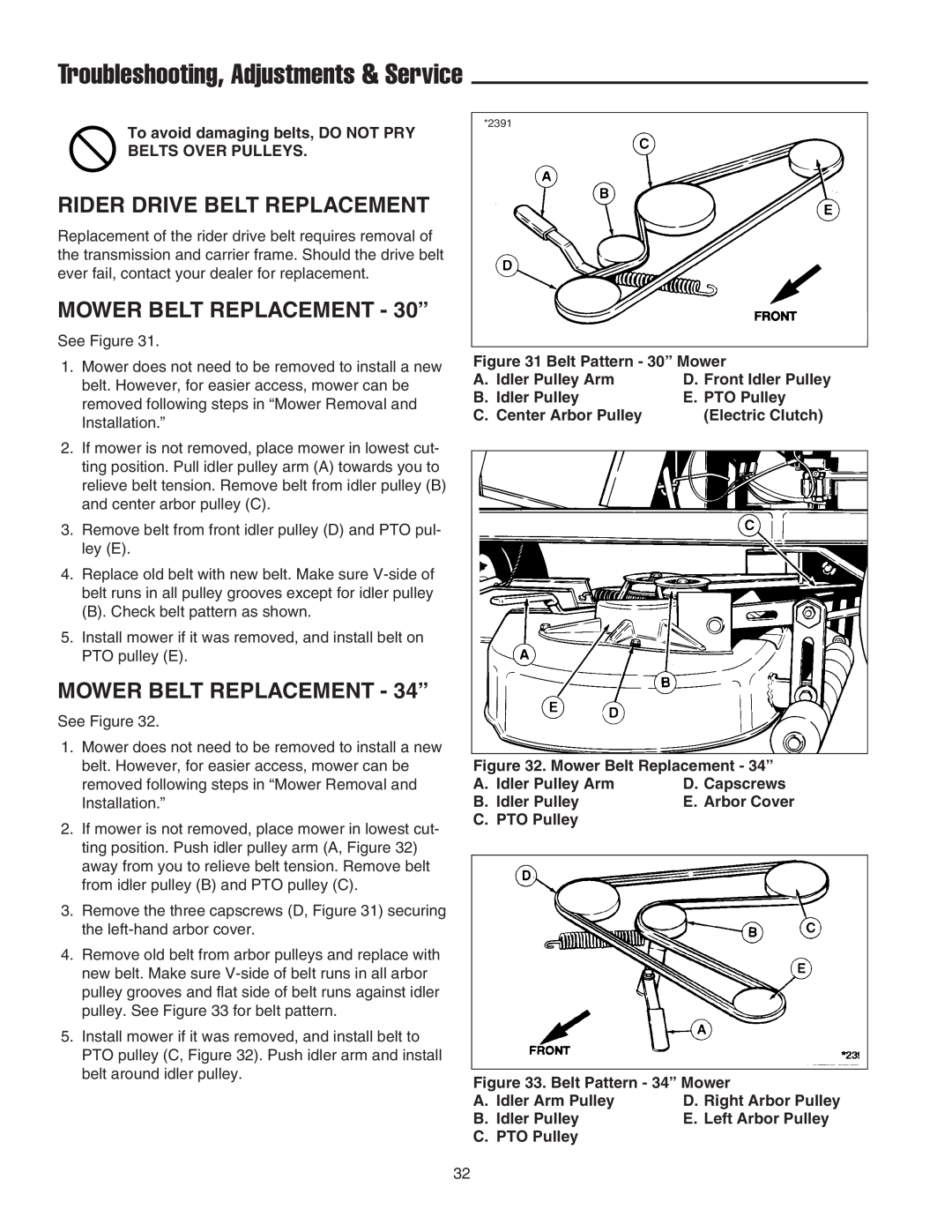 Snapper RE 200 manual Rider Drive Belt Replacement, MOWER BELT REPLACEMENT - 30”, MOWER BELT REPLACEMENT - 34” 