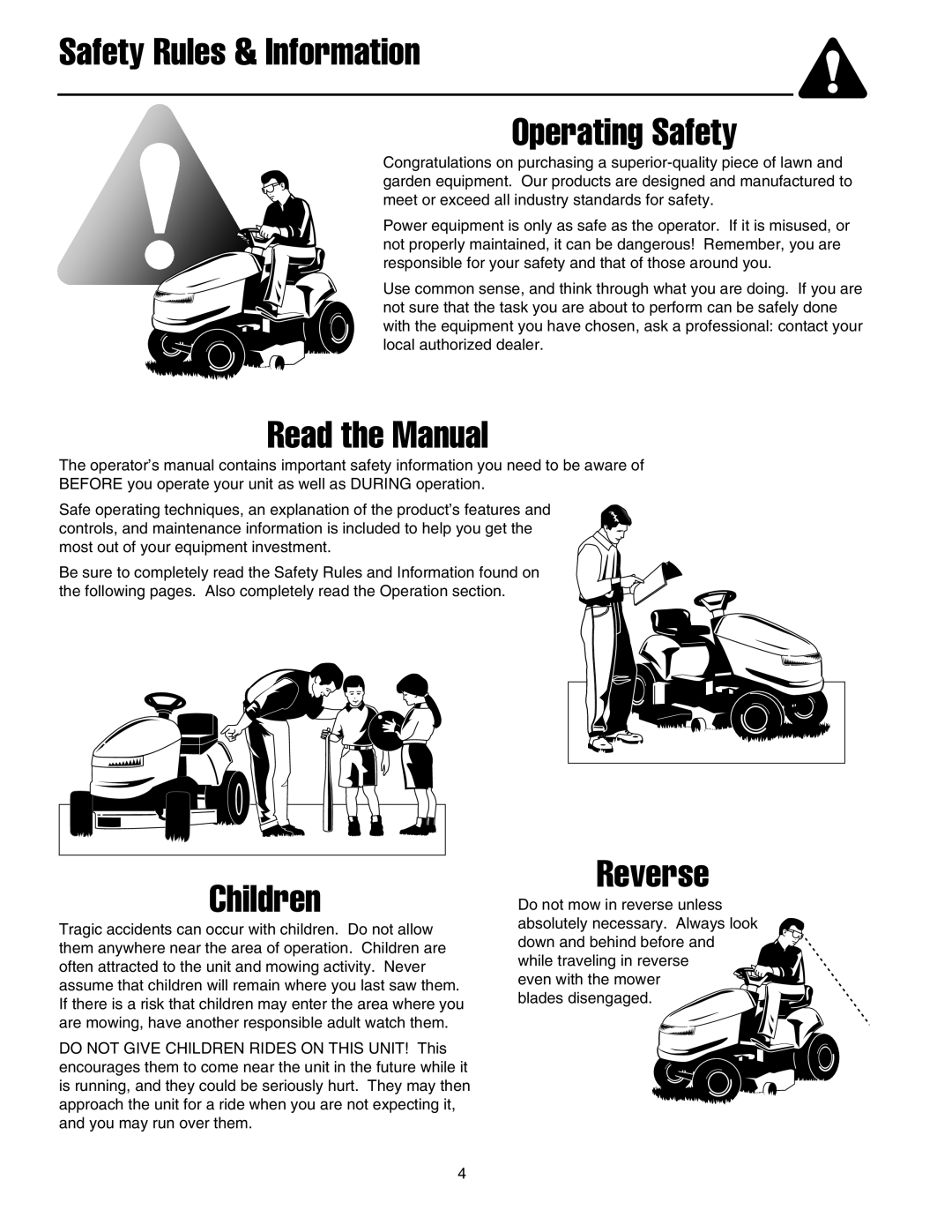 Snapper RE 200 manual Safety Rules & Information Operating Safety, Read the Manual, Children, Reverse 