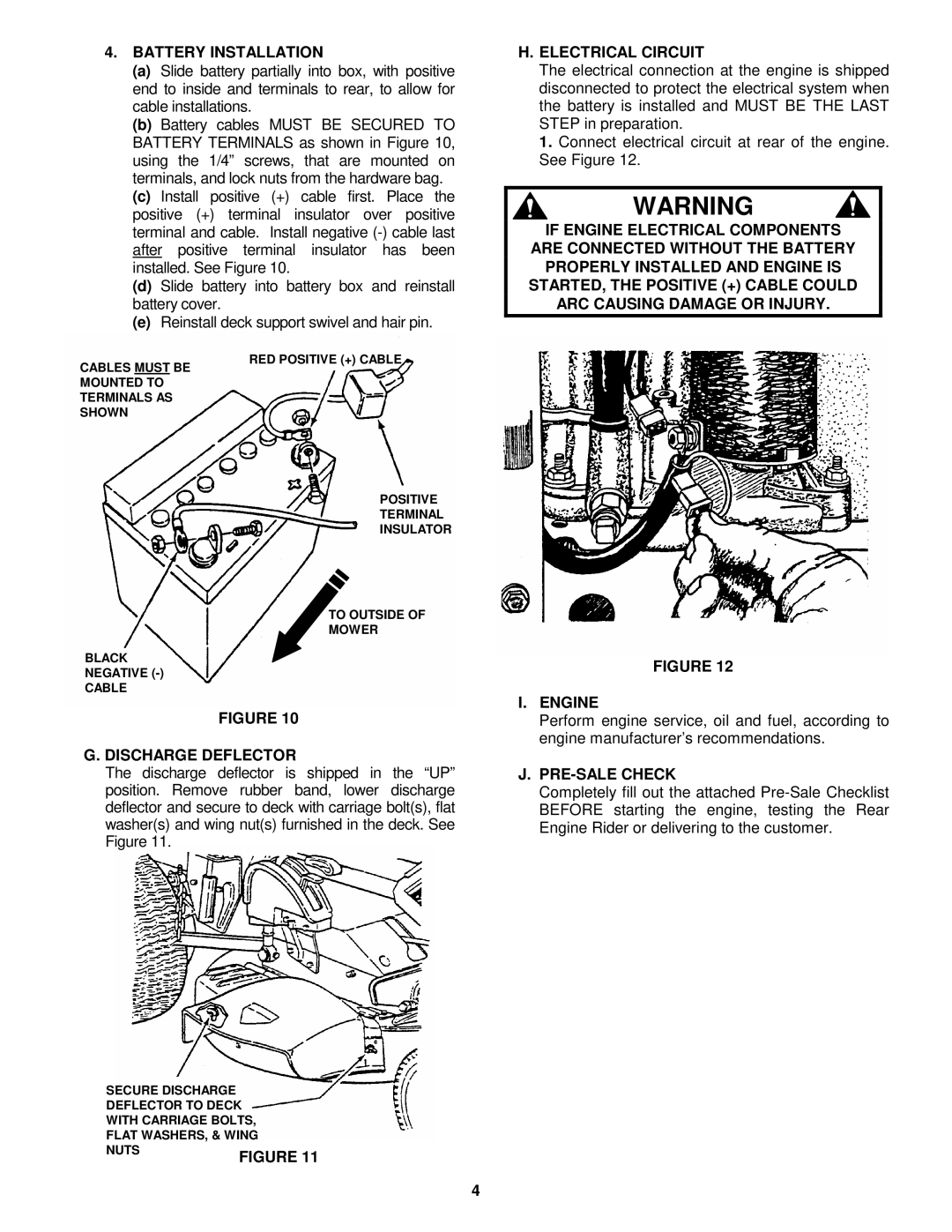 Snapper Rear Engine Riders manual Battery Installation, Electrical Circuit, Discharge Deflector, PRE-SALE Check 