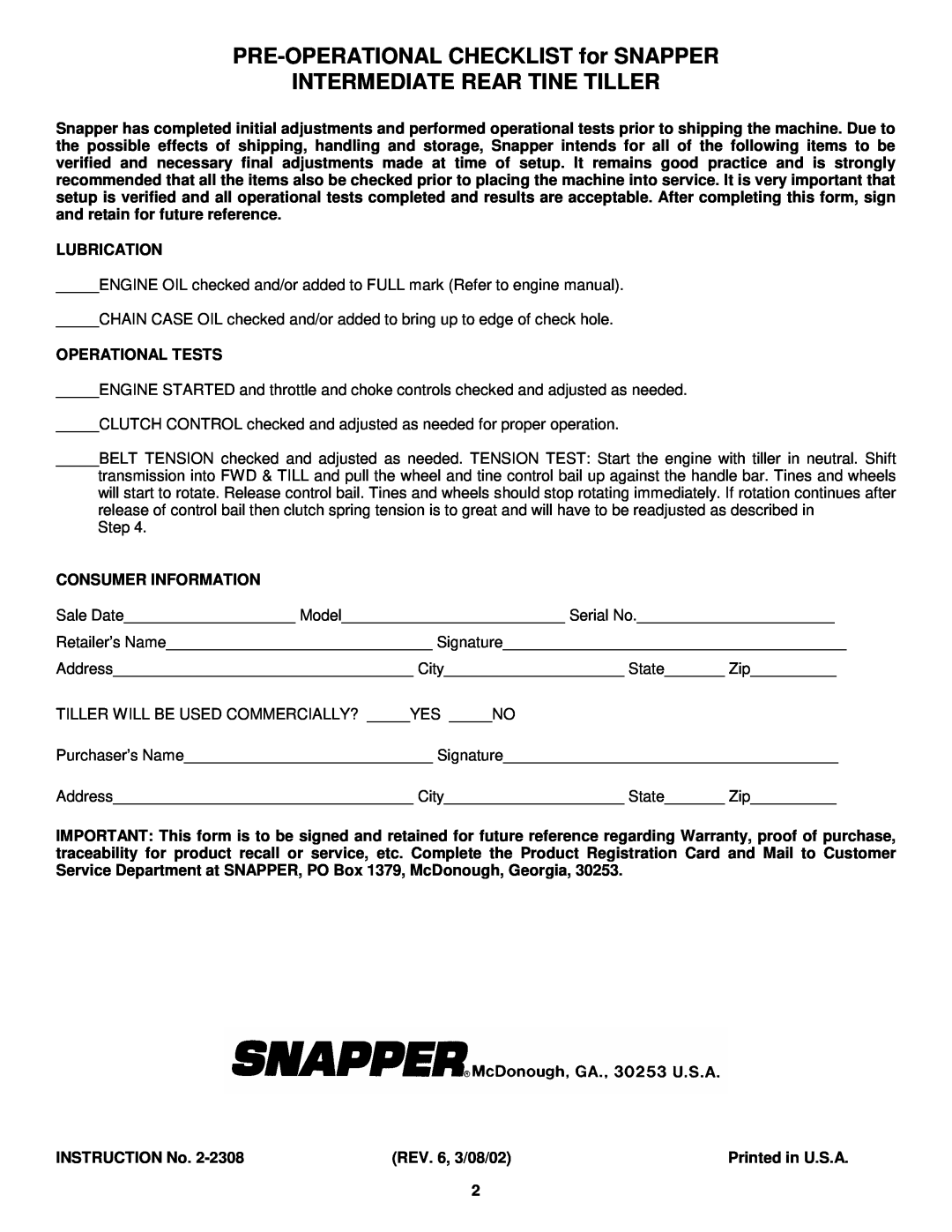 Snapper manual PRE-OPERATIONALCHECKLIST for SNAPPER, Intermediate Rear Tine Tiller 
