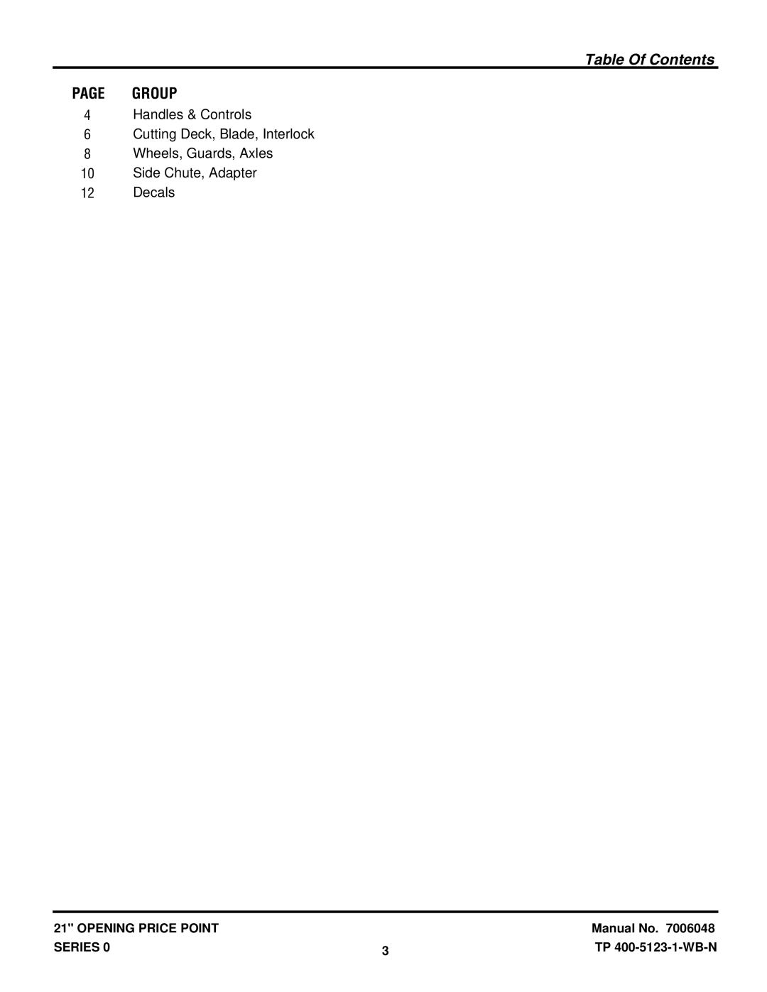 Snapper RO21380 manual Table Of Contents 