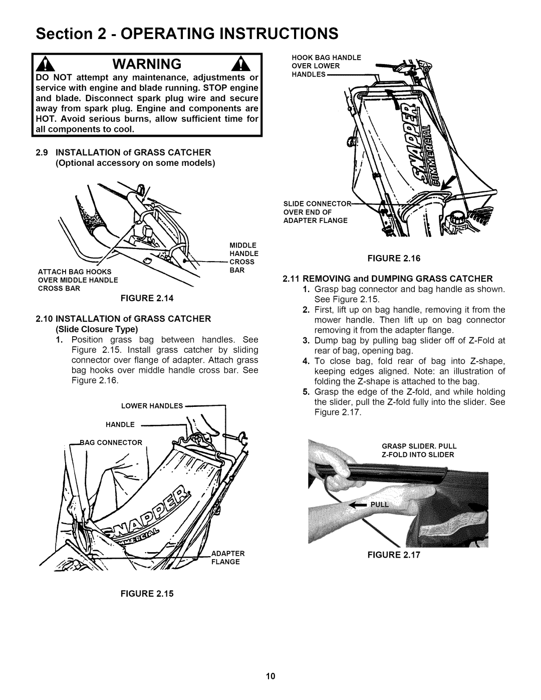 Snapper RP2167517BVE Installation of Grass Catcher Slide Closure Type, Removing and Dumping Grass Catcher 