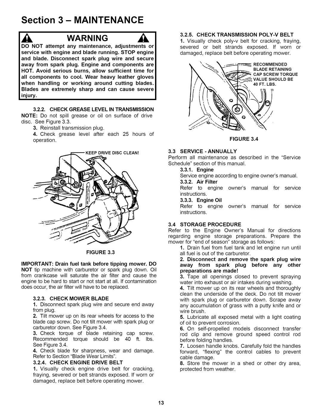 Snapper RP2167517BVE Important Drain fuel tank before tipping mower. do, Check Mower Blade, Check Transmission POLY-V Belt 