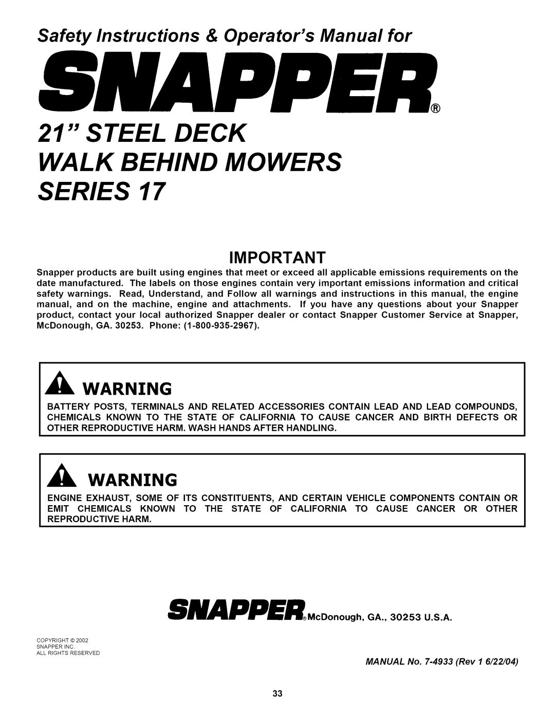 Snapper RP2167517BVE Steel Deck Walk Behind Mowers Series, Snapper McDonough, GA., 30253 U.S.A 